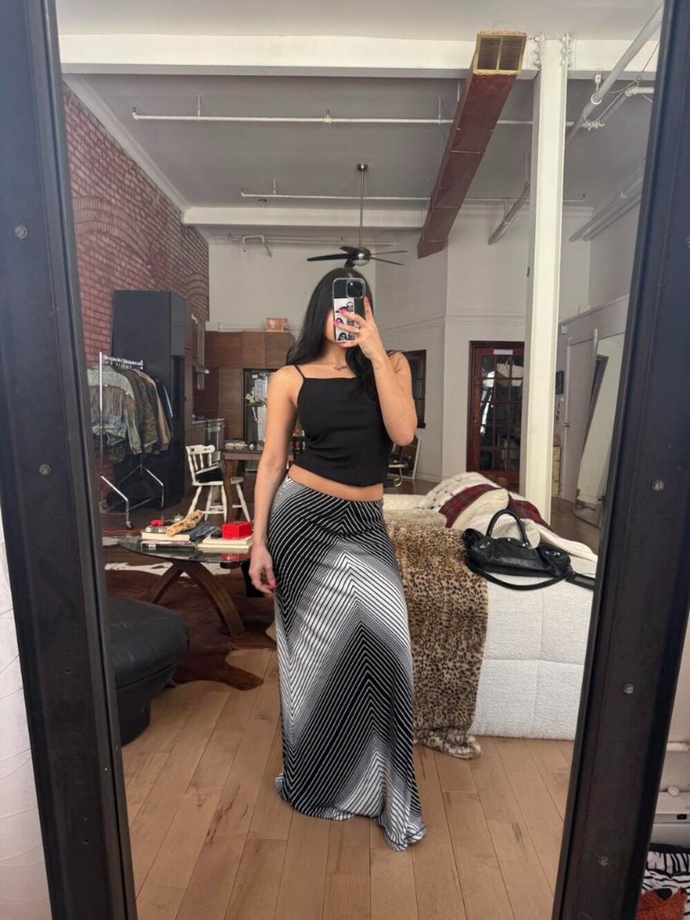 (SOLD)Black White Striped Maxi Skirt Chevron Y2K Minimal Chic